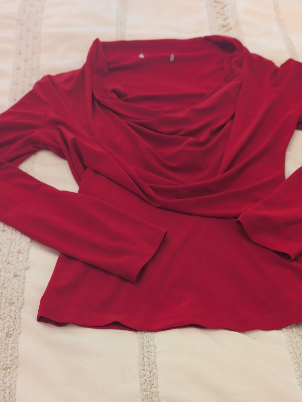 Women's Red Draped Cowl Neck Long-Sleeve Top